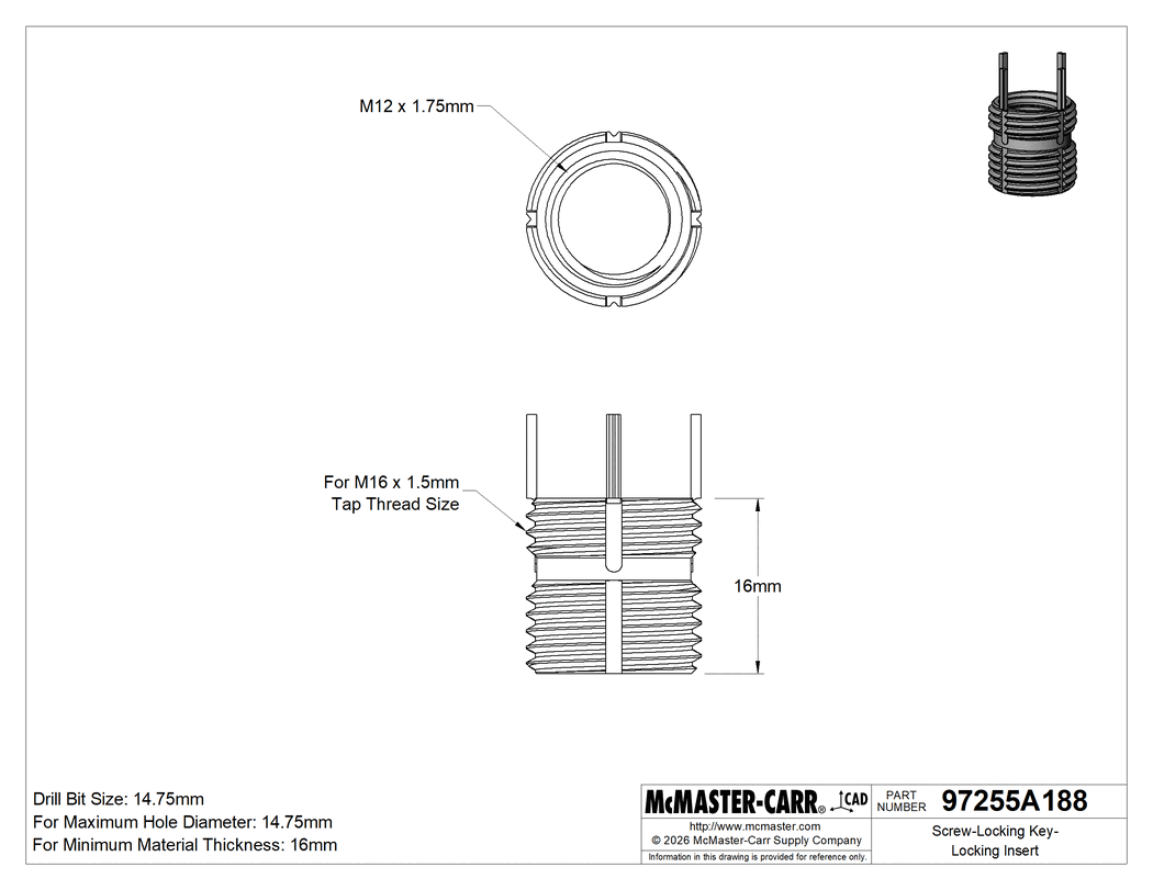 Technical Drawing of Screw-Locking Key-Locking Insert, with Thin Wall, 18-8 Stainless Steel, M12 x 1.75 mm Thread.
